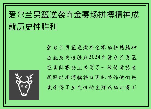 爱尔兰男篮逆袭夺金赛场拼搏精神成就历史性胜利