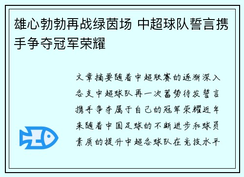 雄心勃勃再战绿茵场 中超球队誓言携手争夺冠军荣耀