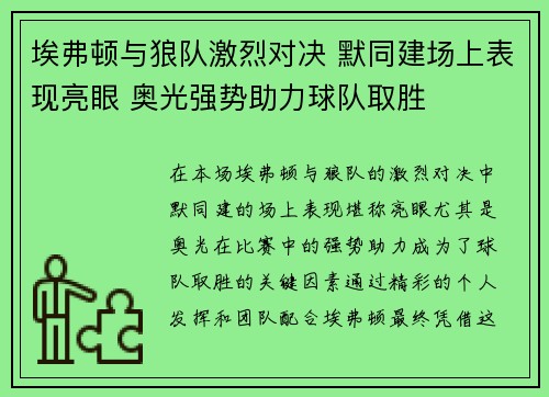 埃弗顿与狼队激烈对决 默同建场上表现亮眼 奥光强势助力球队取胜