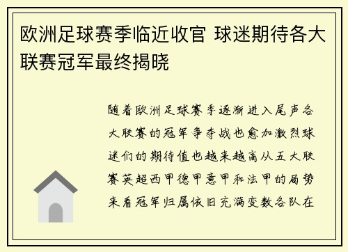 欧洲足球赛季临近收官 球迷期待各大联赛冠军最终揭晓