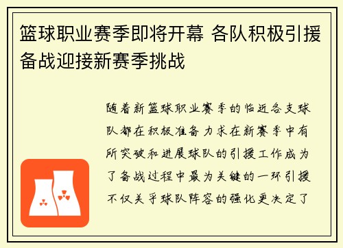 篮球职业赛季即将开幕 各队积极引援备战迎接新赛季挑战