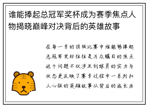 谁能捧起总冠军奖杯成为赛季焦点人物揭晓巅峰对决背后的英雄故事