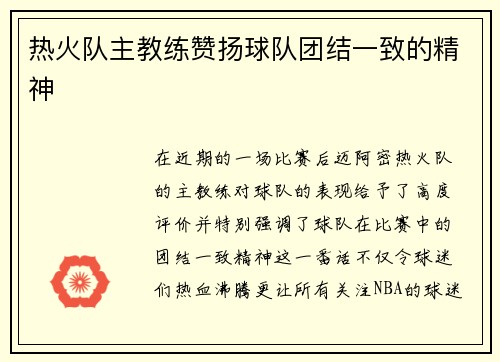 热火队主教练赞扬球队团结一致的精神