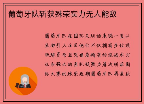 葡萄牙队斩获殊荣实力无人能敌