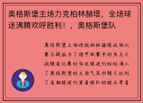 奥格斯堡主场力克柏林赫塔，全场球迷沸腾欢呼胜利！，奥格斯堡队