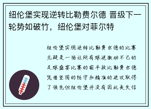 纽伦堡实现逆转比勒费尔德 晋级下一轮势如破竹，纽伦堡对菲尔特