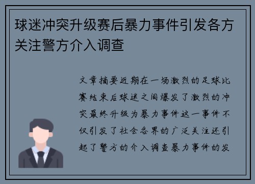 球迷冲突升级赛后暴力事件引发各方关注警方介入调查