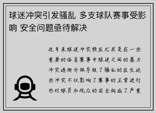 球迷冲突引发骚乱 多支球队赛事受影响 安全问题亟待解决