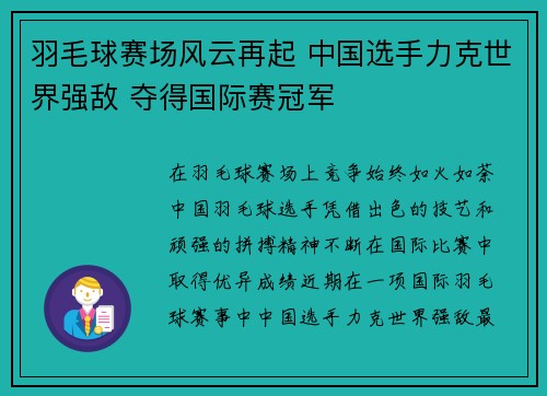 羽毛球赛场风云再起 中国选手力克世界强敌 夺得国际赛冠军